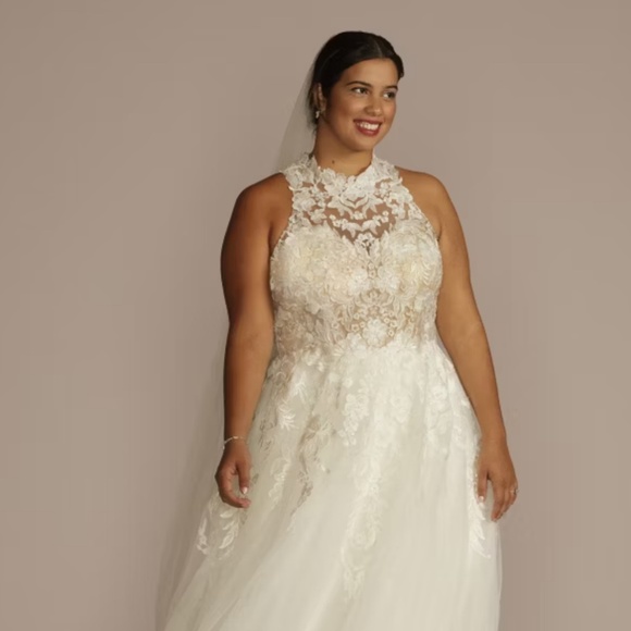 High Neck Lace Applique Tulle Wedding Dress - Picture 5 of 8